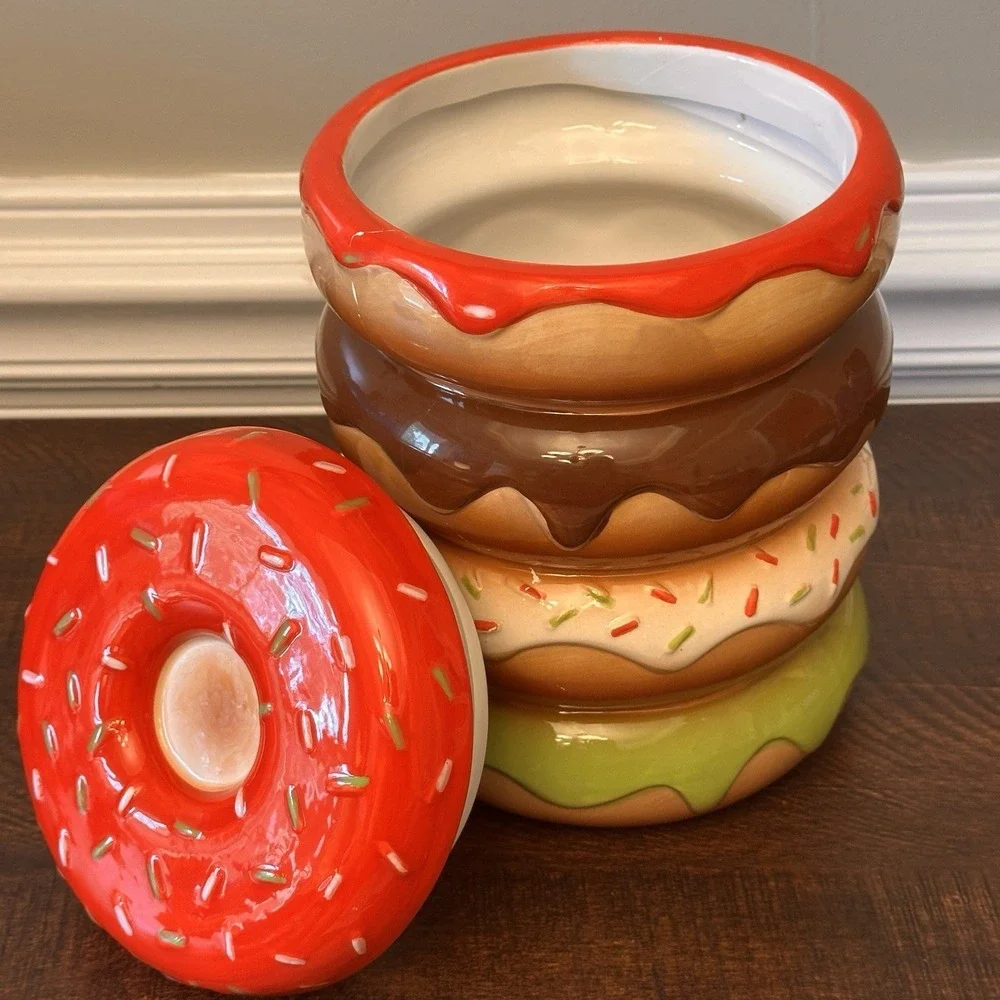 Sleigh Bell Bistro Stacked Donuts Ceramic‎ Cookie Jar Multi Color Novelty Decor